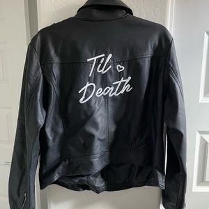 Til Death script black vegan leather Moto jacket XL